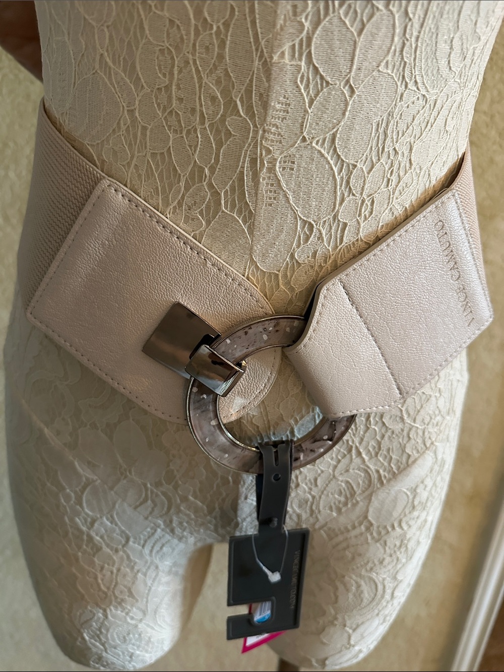 Vince Camuto Wide Ivory Elastic Belt with Decorative Ring Buckle